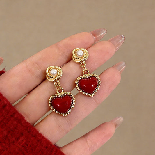 E5911 Aretes corazon vino con dorado aleacion 3cm