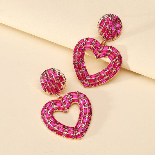 E7216 Aretes corazón rosa brillante elegante de fiesta aleacion 5cm