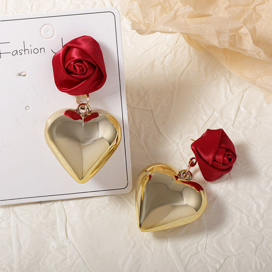 E3741 aretes rosa roja corazón aleacion 5cm