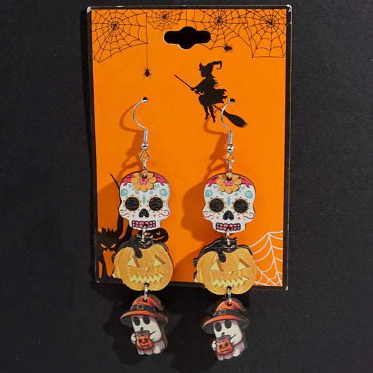E3775 Aretes calabaza cráneo día de muertos Halloween 8cm