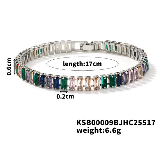 B841 Pulsera plateada diamantes de colores elastica aleacion