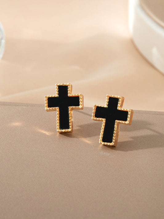 E3682 Aretes cruz negra aleacio. 1.5cm
