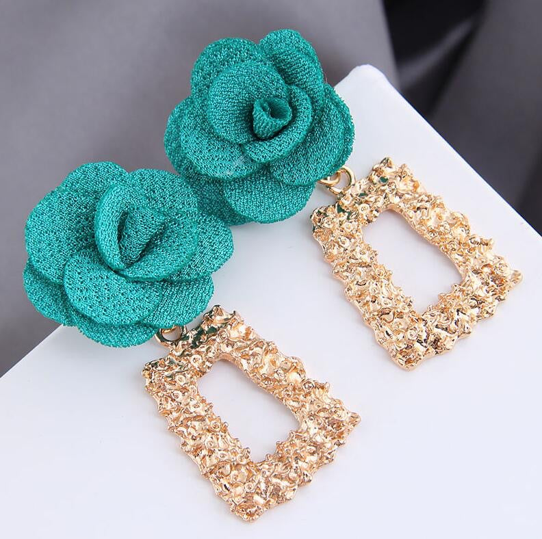 E7112 Aretes flor azul rectángulo dorado aleacion 5cm