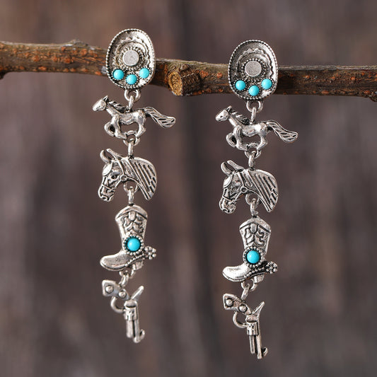 E3181 Aretes largos estilo cowboy vaquero caballo aleacion 7cm
