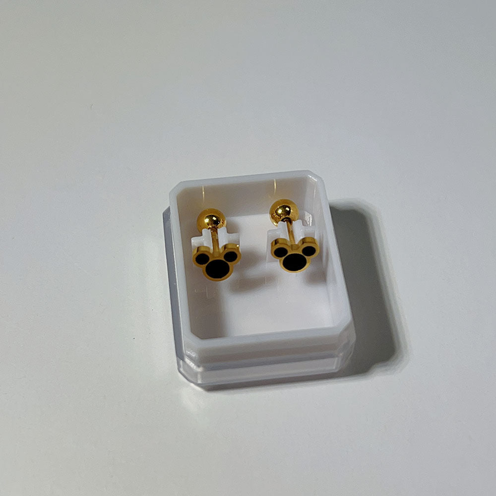 E2986 Aretes broquel mickey acero inoxidable chapado en oro 18k 1cm