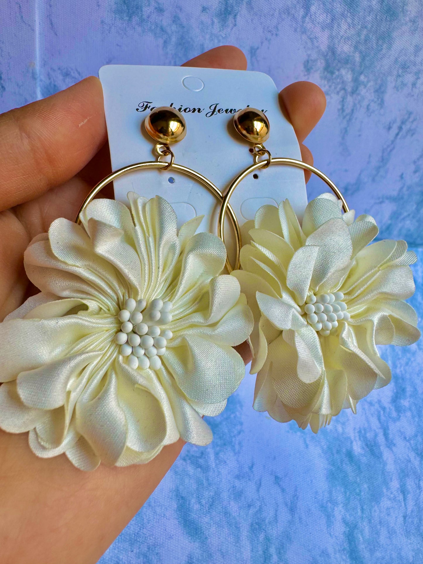 E612B Aretes flor blanca tela tipo arracada colgantes 8cm