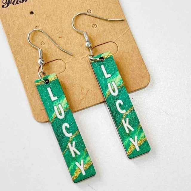 J145 Aretes Verdes Buena Suerte Lucky Madera