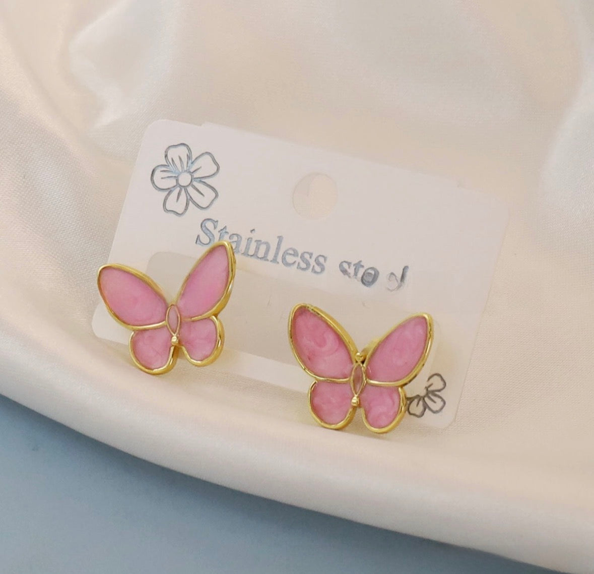 E5768 Aretes mariposa rosa acero inoxidable 3cm