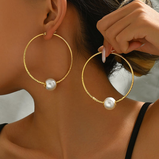 E5038 Arracadas doradas perlas acero inoxidable 7cm