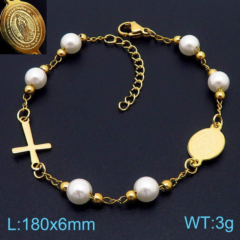 B140 Pulsera virgen Guadalupe perlas acero inoxidable