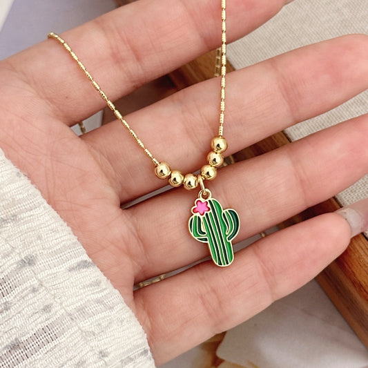 C817 Collar cactus cobre chapado en oro de 18k 25cm largo 2.5cm dije