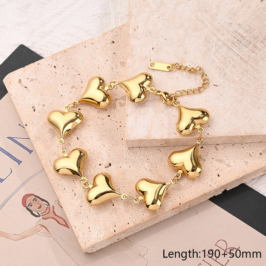 B367 Pulsera corazones dorado acero inoxidable chapado en oro 18k 22cm corazon 1.5cm
