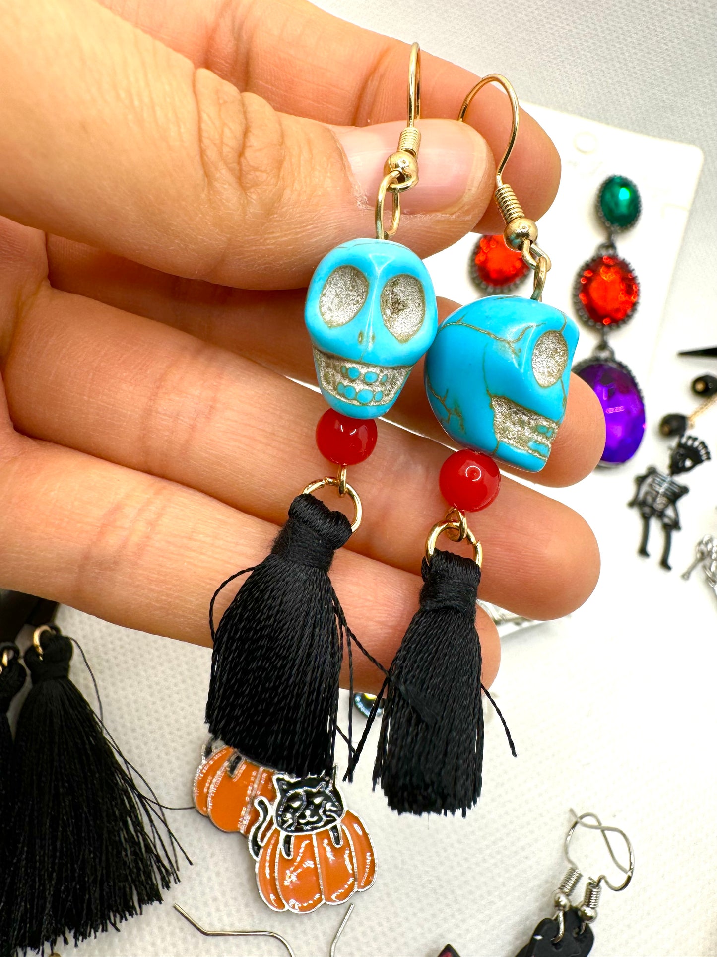 E266 Aretes Calavera Azul Borla Halloween