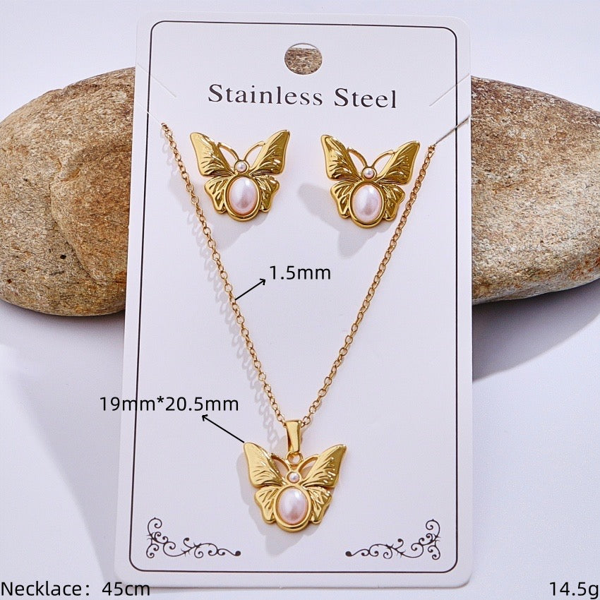 C1035 Conjunto de collar y aretes mariposa dorada acero inoxidable 20cm largo 2cm dije