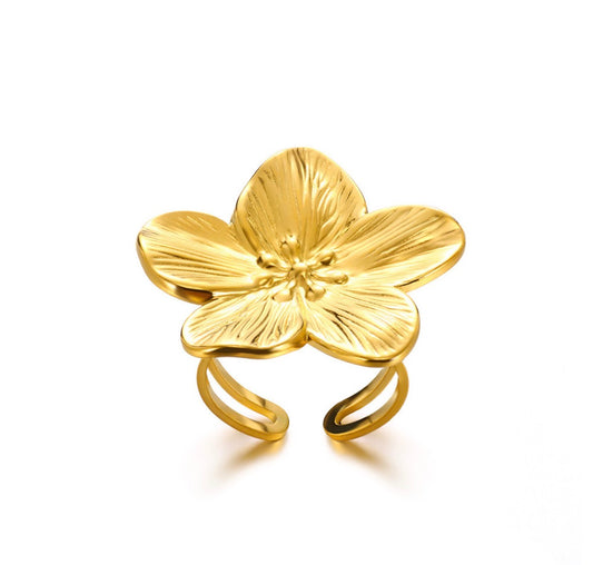 A319 Anillo flor dorada acero inoxidable abierto