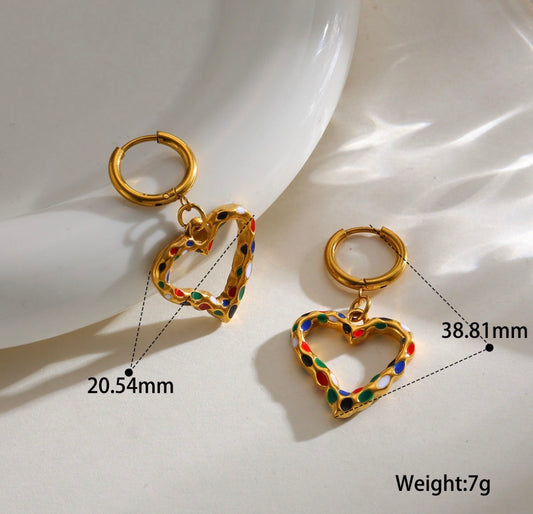 E7038 Aretes corazon de colores colgante acero inoxidable chapados en oro de 18k