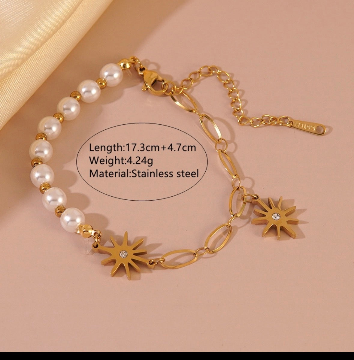 B688 pulsera estrella dorada perlas acero inoxidable chapado en oro 18k