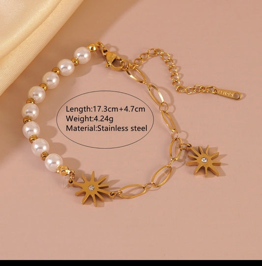 B688 pulsera estrella dorada perlas acero inoxidable chapado en oro 18k