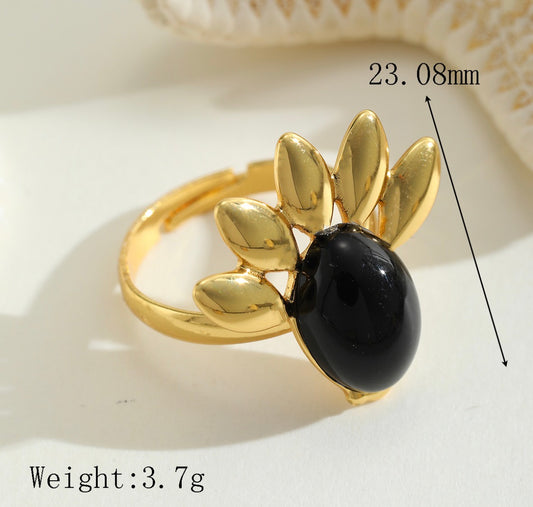 A260 Anillo flor dorada perla negra abierto acero inoxidable chapado en oro de 18k