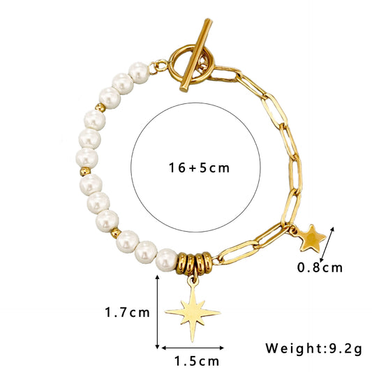 B288 Pulsera perlas acero de titanio chapado en oro 18k largo 19cm