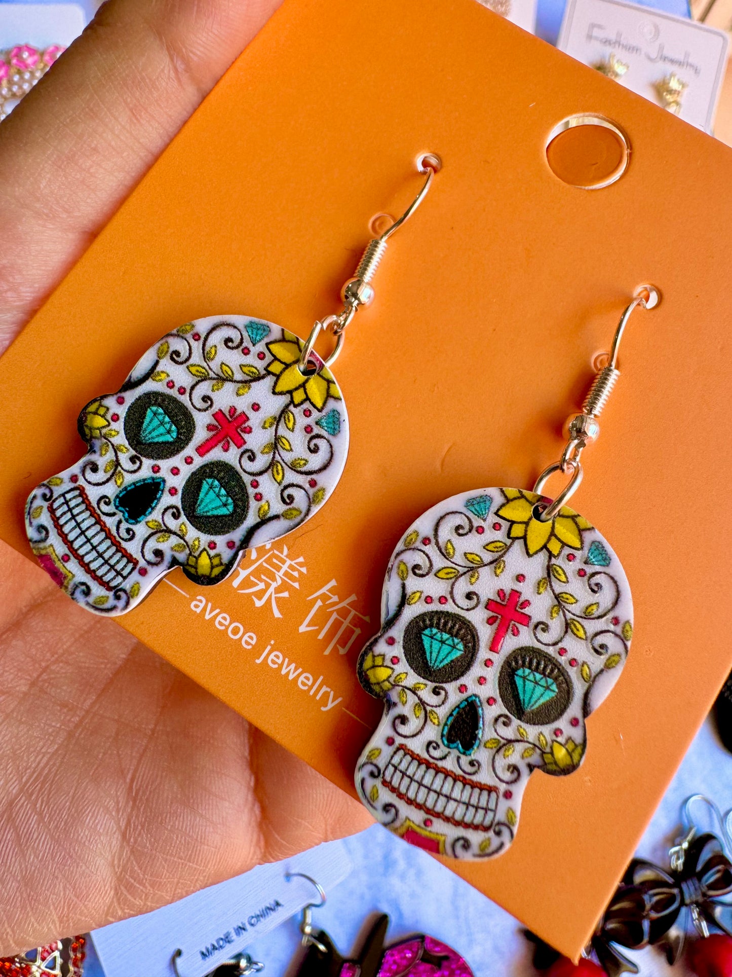 E270 Aretes Blancos Catrina Calavera Dia De Muertos Halloween