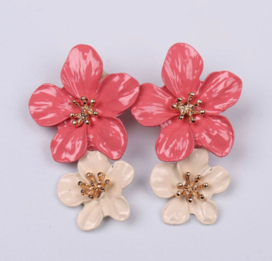 E5286 Aretes flor bicolor rosa con beige 4cm