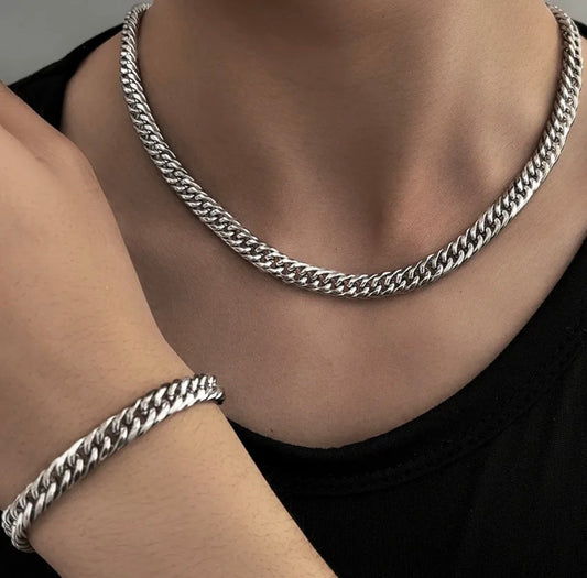C1121 Conjunto collar y pulsera cubana para hombre acero titanio 20cm