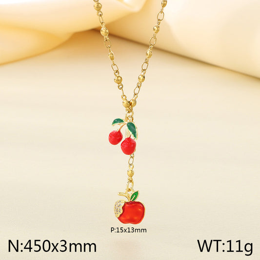 C586 Collar manzana cereza acero inoxidable chapado en oro 18k largo 24cm dije 2cm