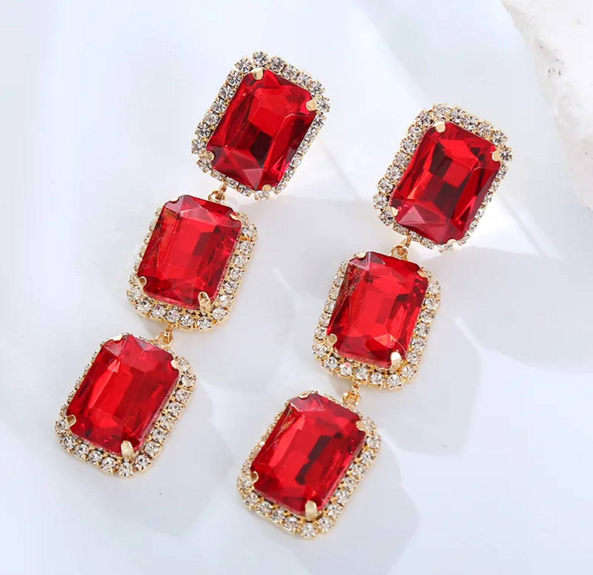 E3188 Aretes largos cuadro cristal rojo 7.5cm