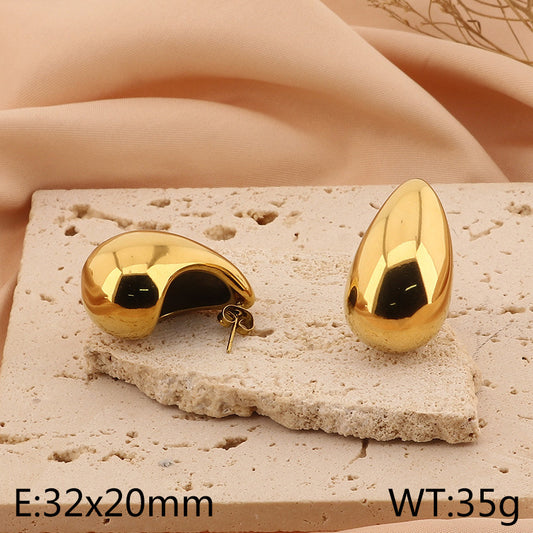 E3483 Aretes gota dorada acero inoxidable chapado en oro de 18k 3.5cm