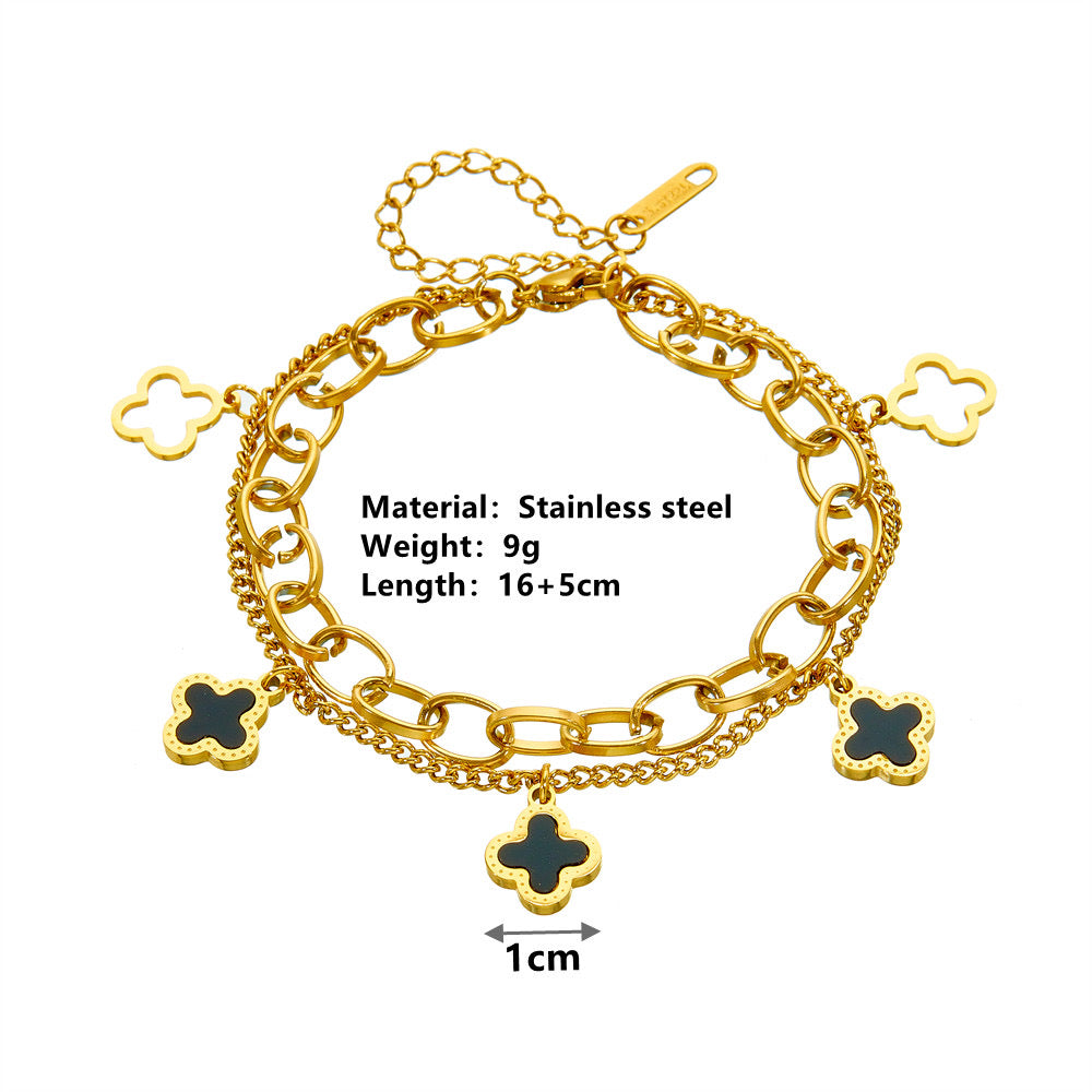 B273 Pulsera trebol acero inoxidable chapado en oro 18k 24cm dije 1cm