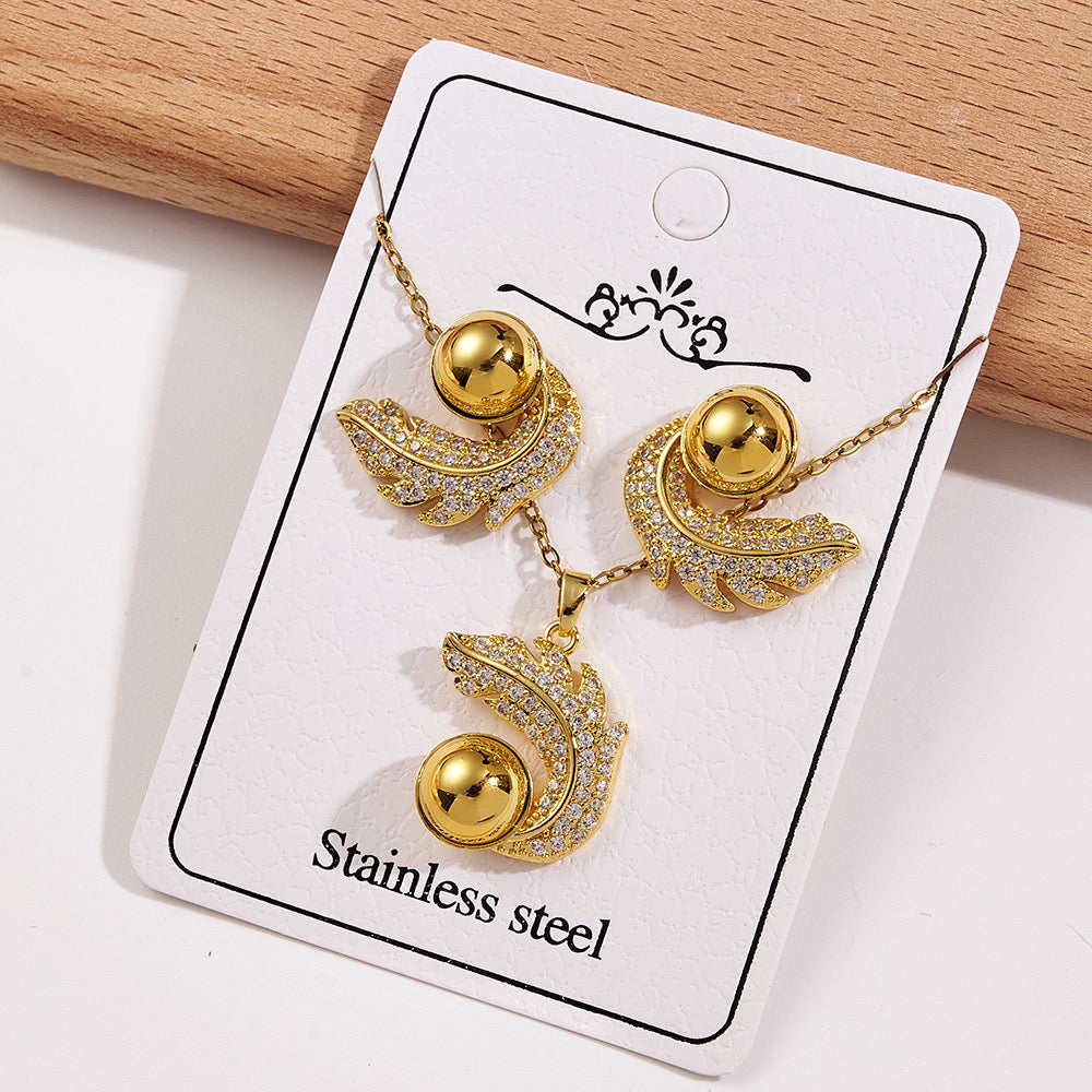 C968 Conjunto collar y aretes hojas brillante fiesta acero inoxidable 21cm,2cm dije,2cm aretes