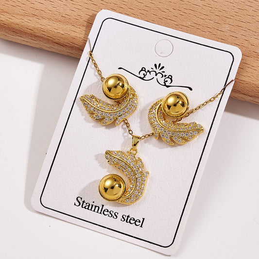 C968 Conjunto collar y aretes hojas brillante fiesta acero inoxidable 21cm,2cm dije,2cm aretes