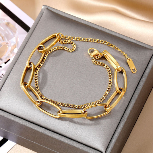 B405 Pulsera cadena dorada acero inoxidable chapada en oro de 18k 20cm