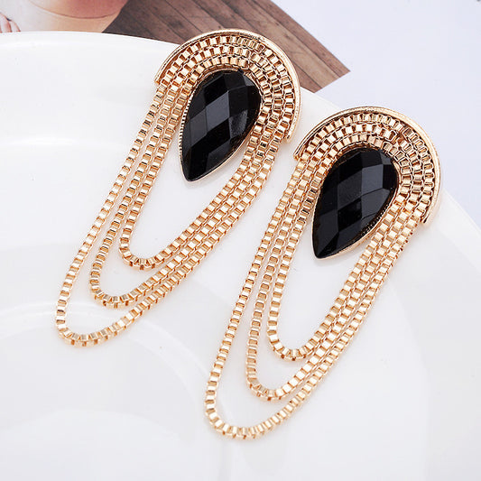 E7097 aretes dorados elegantes gota negra aleacion 8cm