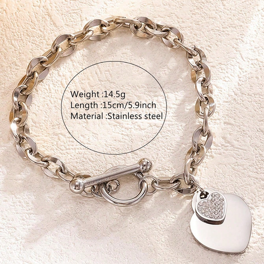 B454 Pulsera corazón plateado acero inoxidable chapado en oro de 18k 19cm