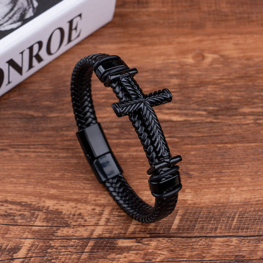B496 Pulsera cruz hombre cuero sintético 21cm