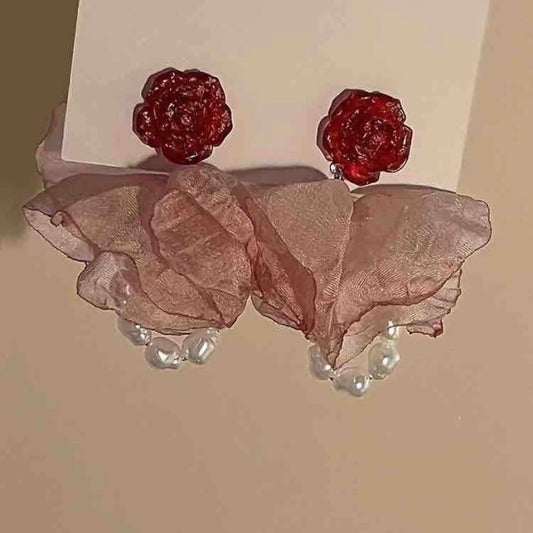 Aretes E486 Grande Rosa Tela Gasa Perlas