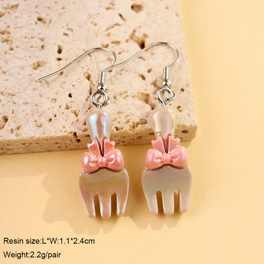 E7184 Aretes tenedor moño rosa hechos a mano aleacion 3cm