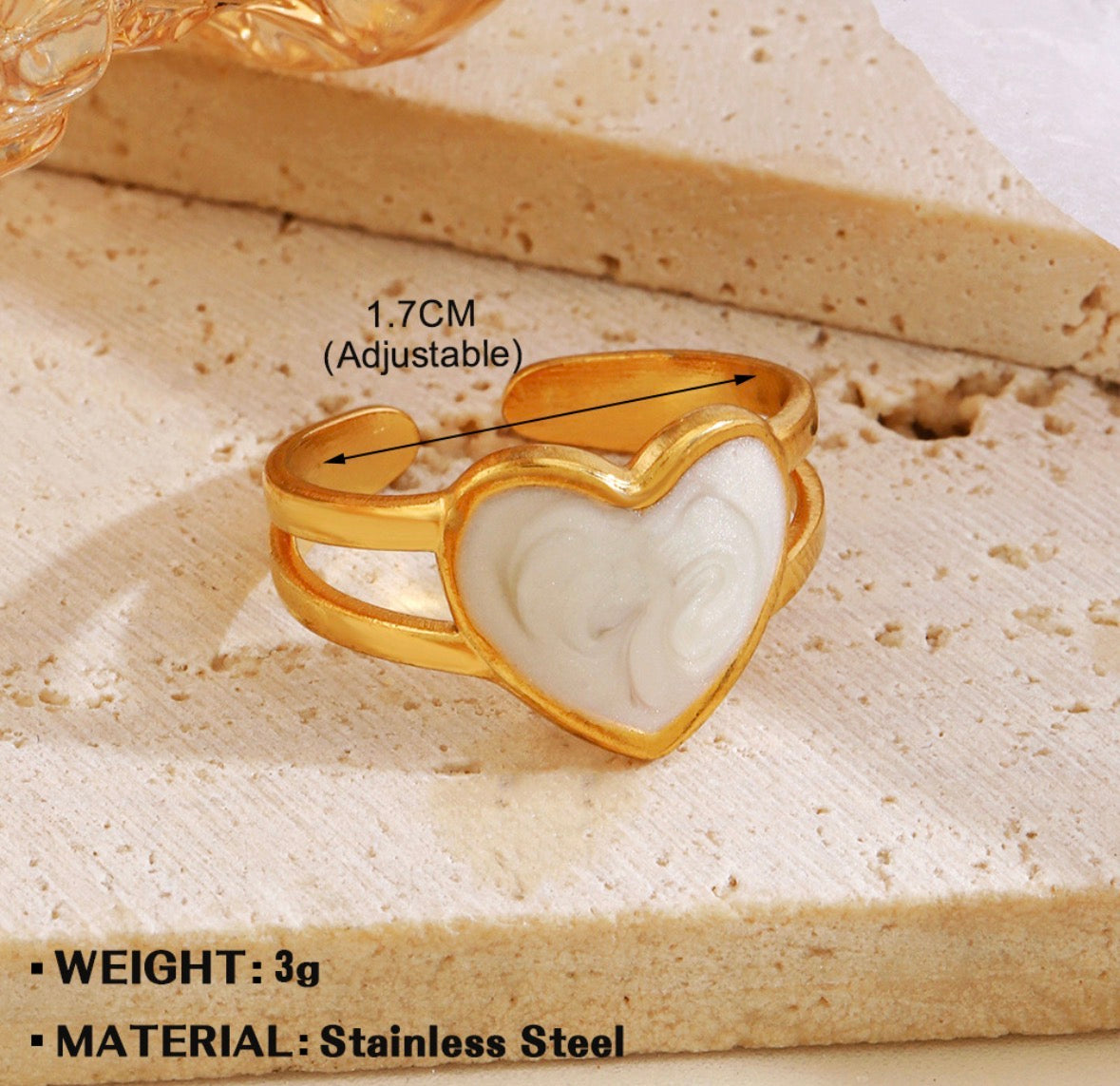 A204 Anillo corazón blanco dorado abierto acero inoxidable