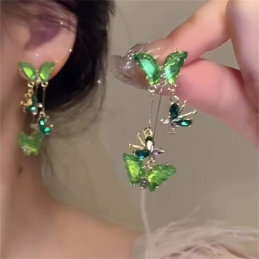 E3938 Aretes mariposa cristal verde aleacion 5.5cm