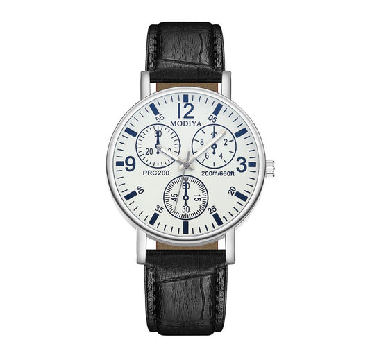 R155 Reloj ronda blanca hebilla negra de cuero sintetico hombre