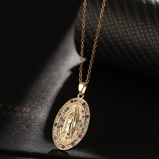 C793 Collar óvalo virgen de Guadalupe cobre 23cm largo 3.5cm dije