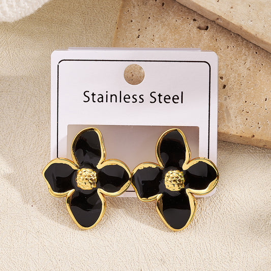 E4606 Aretes flor negra acero inoxidable 3cm