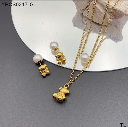 C1190P Conjunto de collar aretes oso dorado perla acero inoxidable