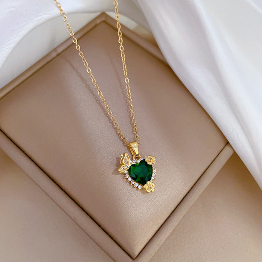 C871 Collar corazón verde acero titanio 22cm largo 1cm dije