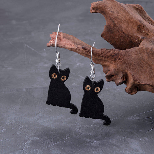 E3937 Aretes gato negro Halloween madera 3cm