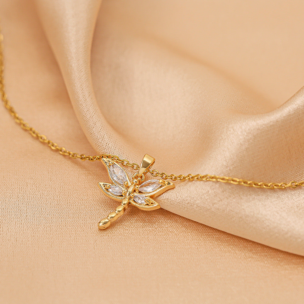 C553 Collar libelula acero inoxidable chapado en oro 18k largo 19cm dije 5cm