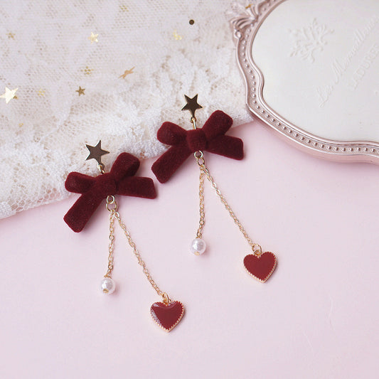 E5002 Aretes moño terciopelo guinda corazón colgante aleacion 5cm