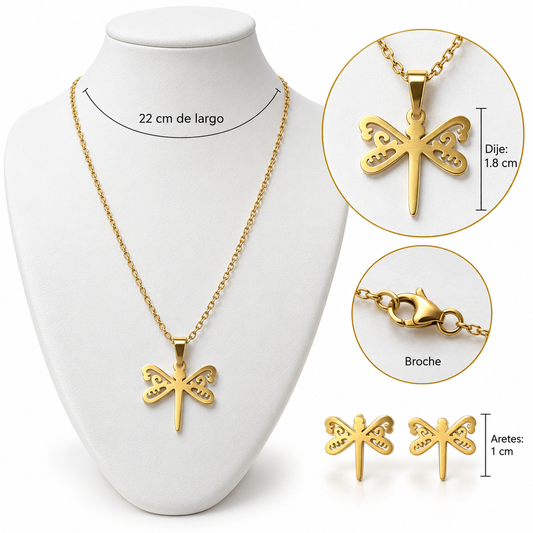 C071 Conjunto collar y aretes libelula de acero inoxidable